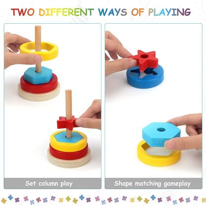 Wooden Rainbow Rings Tower – Geometric Shape Recognition, Sorting, Stacking and Plugging