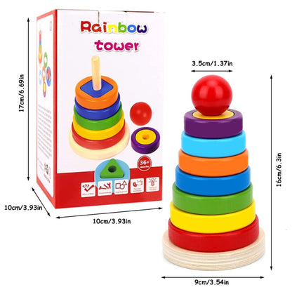 Wooden Rainbow Rings Tower – Geometric Shape Recognition, Sorting, Stacking and Plugging