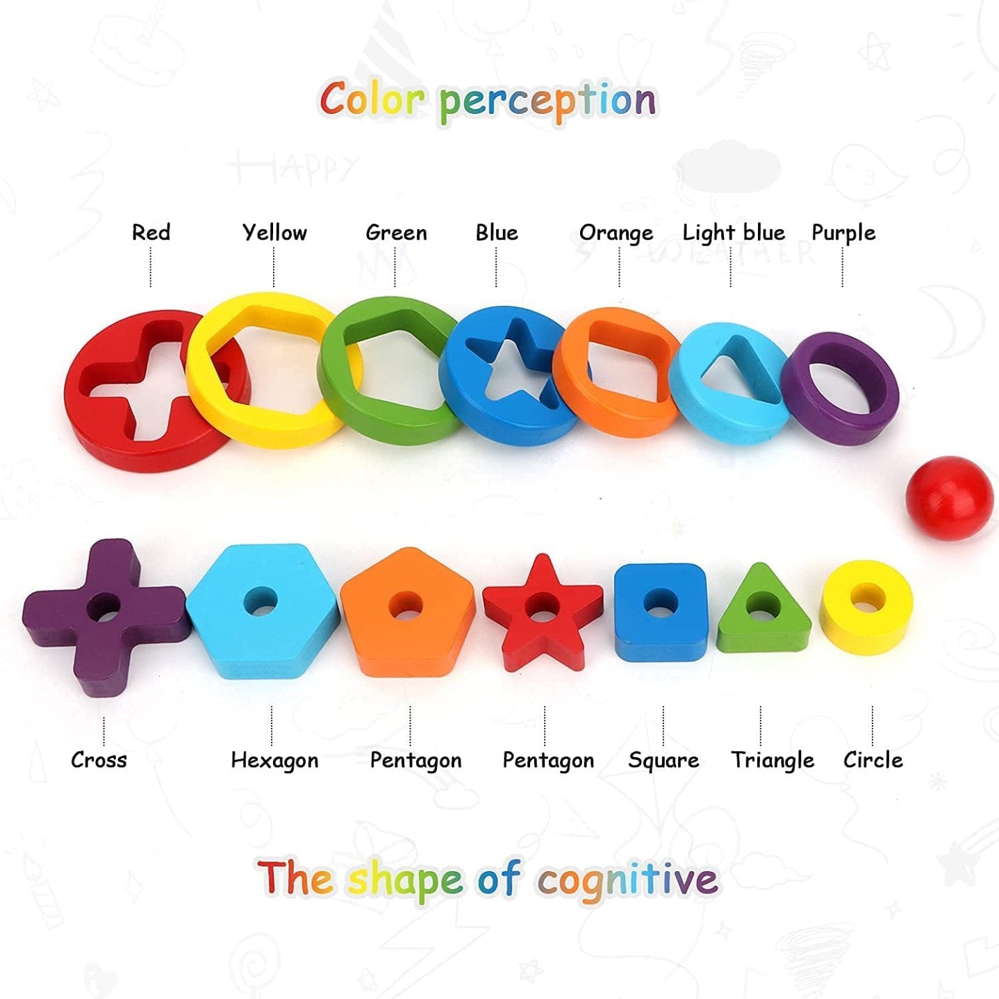 Wooden Rainbow Rings Tower – Geometric Shape Recognition, Sorting, Stacking and Plugging