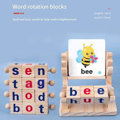 Wooden Reading Blocks Word Cognitive Pairing - Rotating Letter Puzzles For Kids Spelling Game