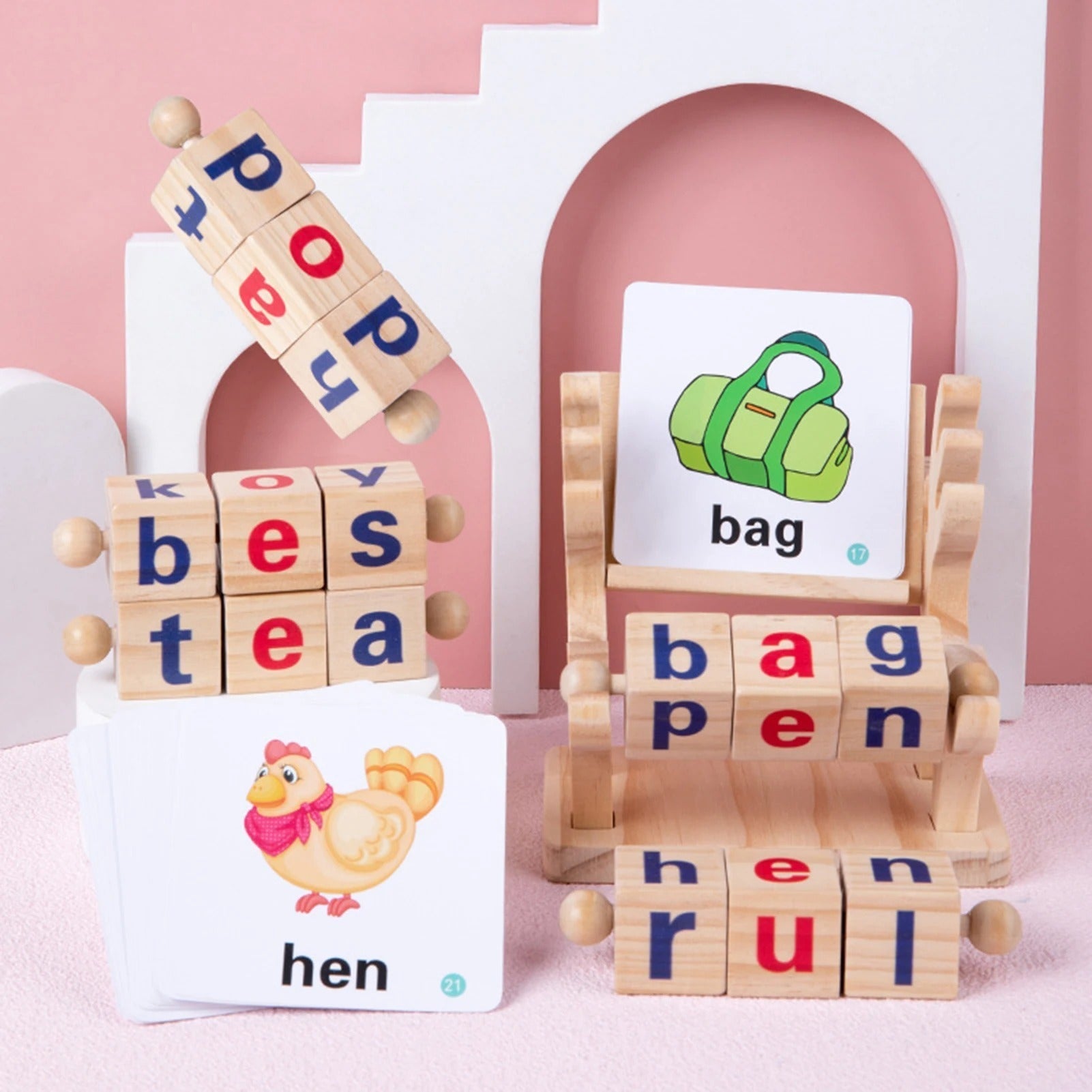 Wooden Reading Blocks Word Cognitive Pairing - Rotating Letter Puzzles For Kids Spelling Game