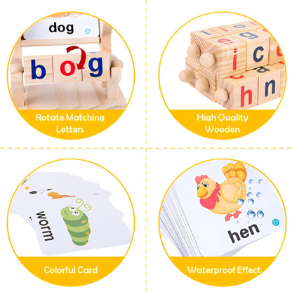Wooden Reading Blocks Word Cognitive Pairing - Rotating Letter Puzzles For Kids Spelling Game