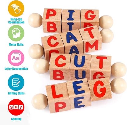 Wooden Reading Blocks Word Cognitive Pairing - Rotating Letter Puzzles For Kids Spelling Game