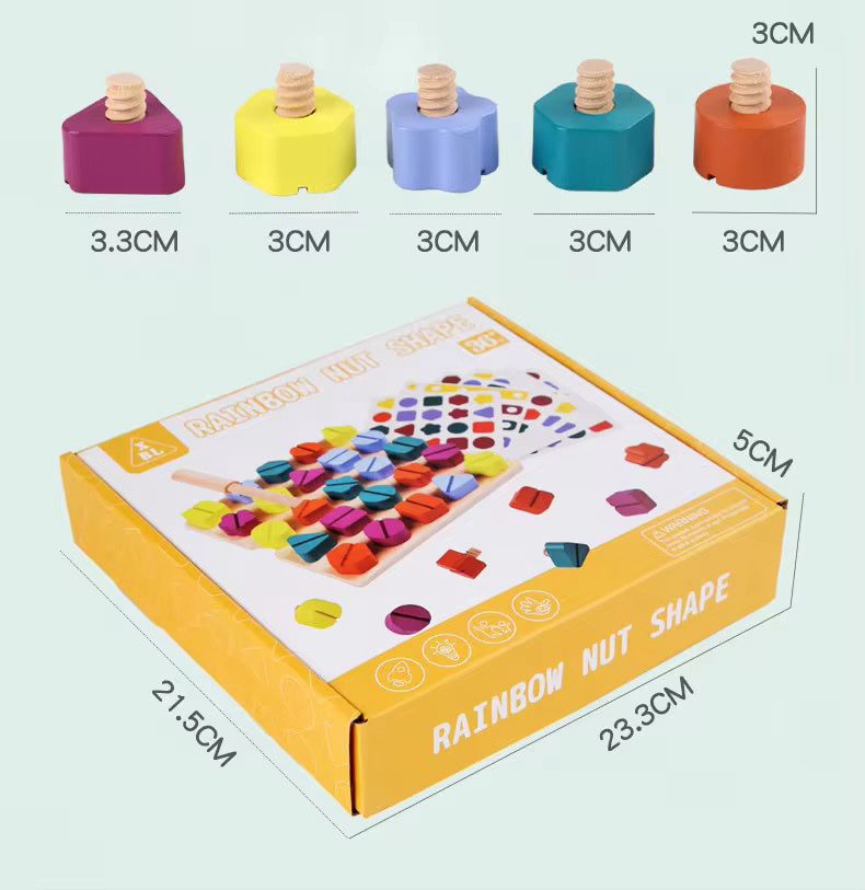 Montessori Wooden Screw Board | Rainbow Nut Shape Sorting and Matching Toy