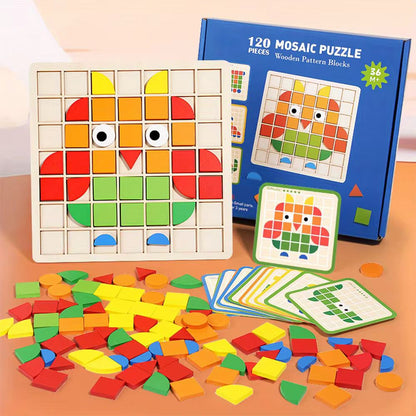 Wooden Mosaic Puzzle | 120-Piece Shape Pattern Blocks with Design Cards