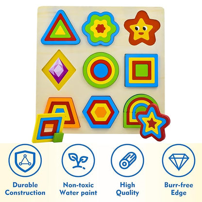 Wooden Shapes Puzzle Learning Toy – 9 Colorful Geometric Pieces & Design Cards