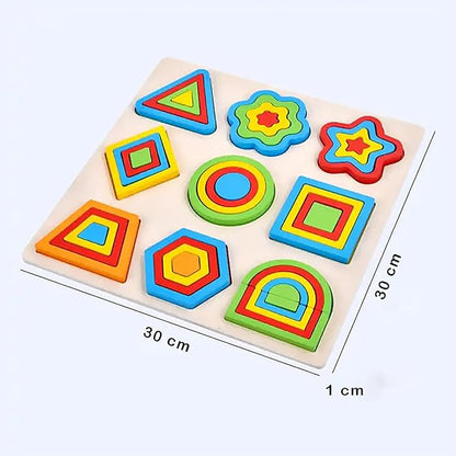 Wooden Shapes Puzzle Learning Toy – 9 Colorful Geometric Pieces & Design Cards