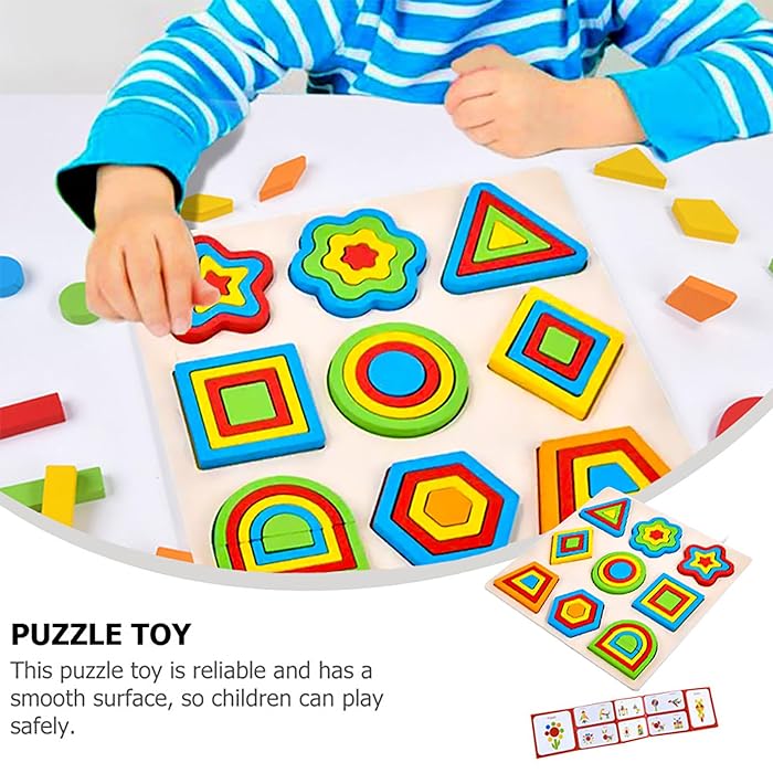 Wooden Shapes Puzzle Learning Toy – 9 Colorful Geometric Pieces & Design Cards