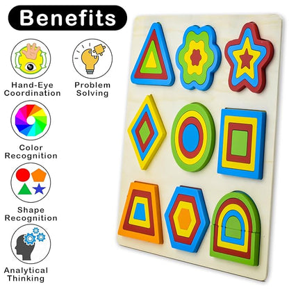 Wooden Shapes Puzzle Learning Toy – 9 Colorful Geometric Pieces & Design Cards