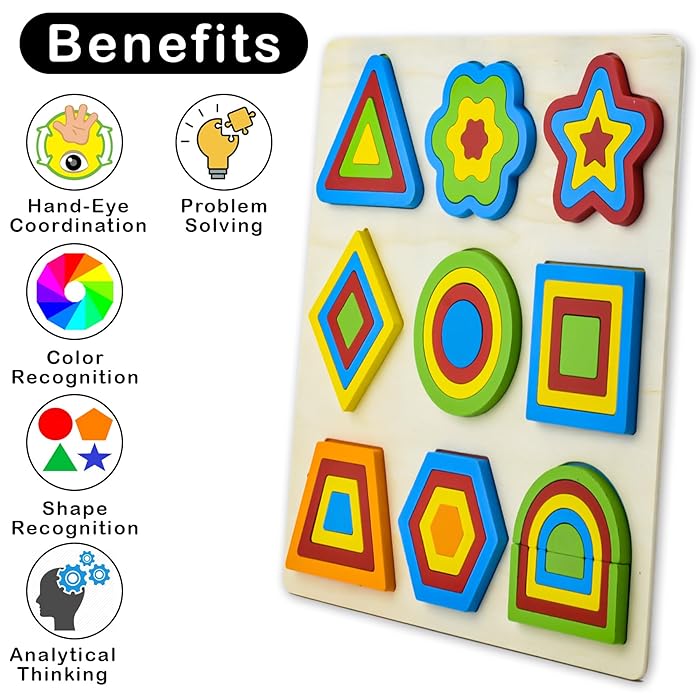 Wooden Shapes Puzzle Learning Toy – 9 Colorful Geometric Pieces & Design Cards