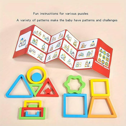 Wooden Shapes Puzzle Learning Toy – 9 Colorful Geometric Pieces & Design Cards
