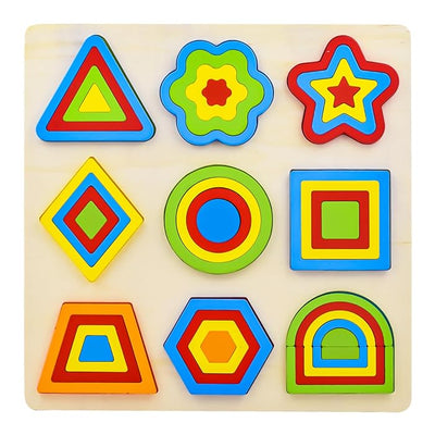 Juguete de Aprendizaje Rompecabezas de Formas de Madera – 9 Piezas Geométricas Coloridas y Tarjetas de Diseño