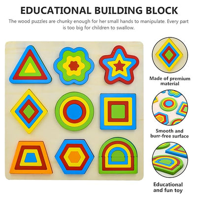Juguete de Aprendizaje Rompecabezas de Formas de Madera – 9 Piezas Geométricas Coloridas y Tarjetas de Diseño