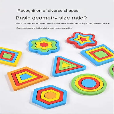 Juguete de Aprendizaje Rompecabezas de Formas de Madera – 9 Piezas Geométricas Coloridas y Tarjetas de Diseño