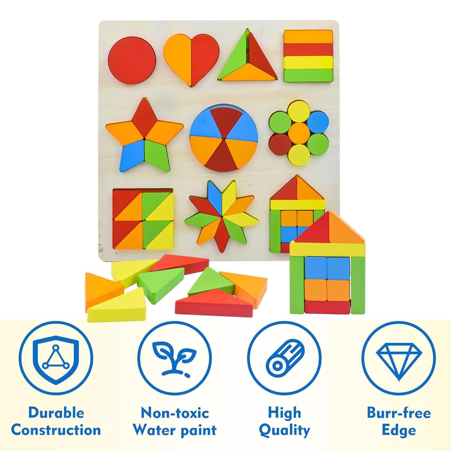 Wooden Shapes Puzzle Learning Toy, 10 in 1 Montessori Brain Teaser Puzzle Board with 10 Geometric Shapes