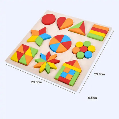 Wooden Shapes Puzzle Learning Toy, 10 in 1 Montessori Brain Teaser Puzzle Board with 10 Geometric Shapes