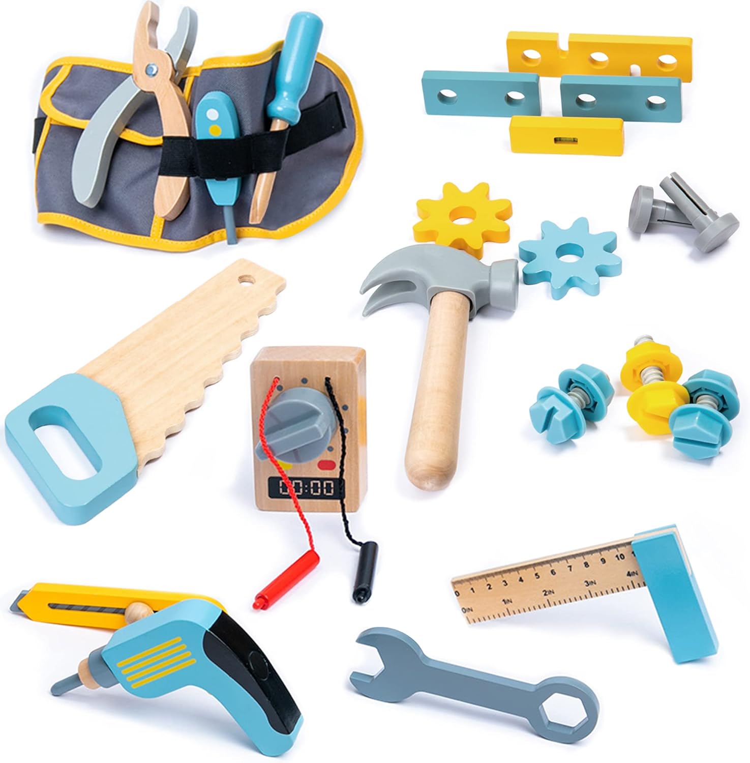 Wooden Tool belt set Wood Construction Kit Drill Hammer Screwdriver, Preschool Montessori Learning