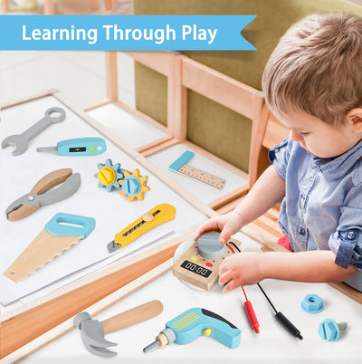 Juego de cinturón de herramientas de madera Kit de construcción de madera Taladro Martillo Destornillador, Aprendizaje Montessori preescolar