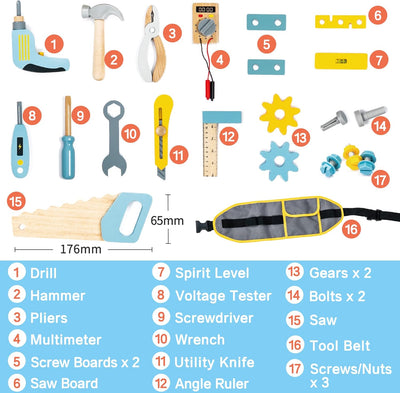 Juego de cinturón de herramientas de madera Kit de construcción de madera Taladro Martillo Destornillador, Aprendizaje Montessori preescolar