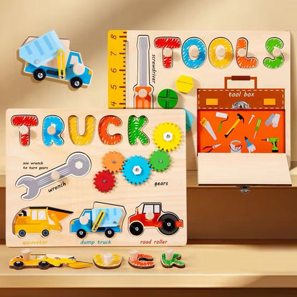 Trucks and Tools Busy Board – Wooden Construction Puzzle with Gears and Screws