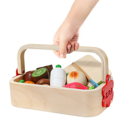 Wooden Vegetable Basket Pretend Cutting Vegetable Set with Wood Knife & Storage Basket