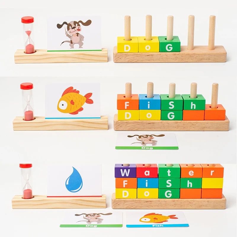 Five Pillars Spelling Game – Wooden Word Building Toy for Early Literacy and Language Development