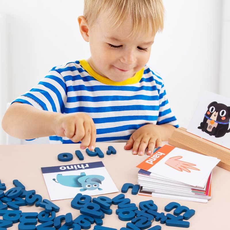 Fidtoy Juguete de Madera para Aprender a Deletrear, Bloques del Alfabeto y Tarjetas Didácticas