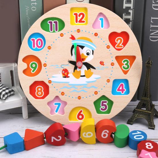 Wooden Cognitive Color and Shape Sorting Clock Number Lacing - 020